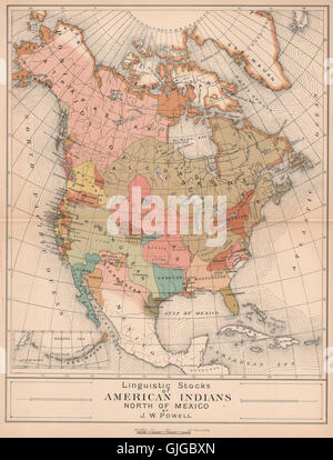 Scorte di linguistica dei nativi Indiani Americani. Nord America, 1885 Mappa antichi Foto Stock