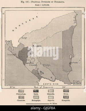 Le divisioni politiche del Nicaragua. America centrale, 1885 Mappa antichi Foto Stock