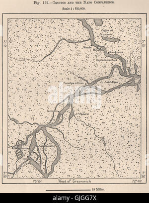 Iquitos e l'Amazzonia/Napo confluenza. Il Perù, 1885 Mappa antichi Foto Stock