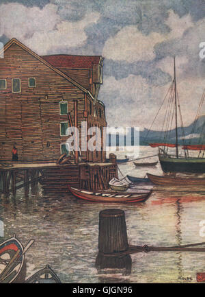 MOLDE. "Vecchio magazzino e barche' da Nico Jungman. Norvegia, antica stampa 1905 Foto Stock