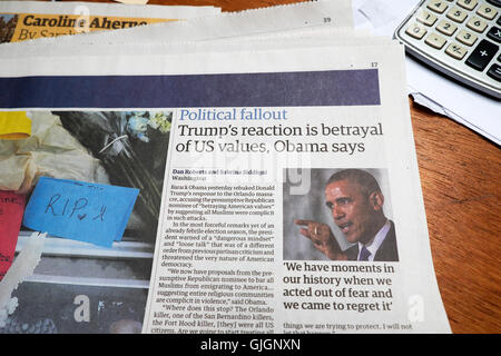 "Trump's reazione è tradimento os noi valori, Obama dice ' in 14 giugno 2016 Orlando massacro quotidiano Guardian carta politica USA articolo London REGNO UNITO Foto Stock