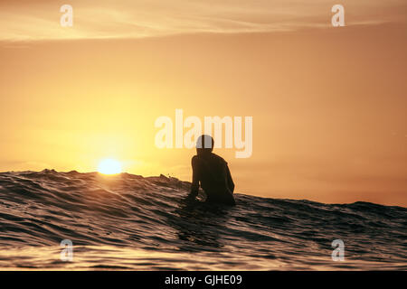 Silhouette di Surfer sul surf al tramonto, California, Stati Uniti Foto Stock