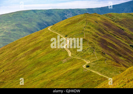 Strada tortuosa attraverso grandi prati sulla collina di Polonina mountain range Foto Stock