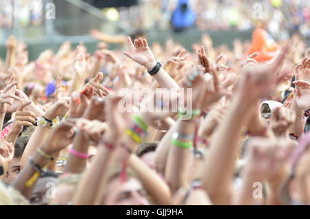 Gli appassionati di musica agitando le mani in aria a un festival di musica Foto Stock