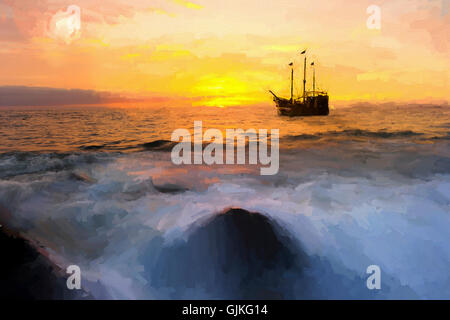 La nave dei pirati ocean sunset fantasy è un luminoso golden seascape con una nave pirata ancorata in mare con il Full Moon Rising Foto Stock