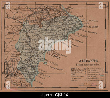 ALICANTE. Alacant. Comunitat/Comunidad Valenciana. Mapa antiguo provincia 1905 Foto Stock