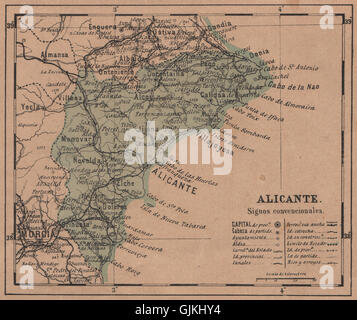 ALICANTE. Alacant. Comunitat/Comunidad Valenciana. Mapa antiguo provincia 1908 Foto Stock