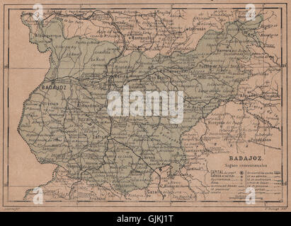 BADAJOZ. Mérida. Extremadura. Mapa antiguo de la provincia, 1908 Foto Stock