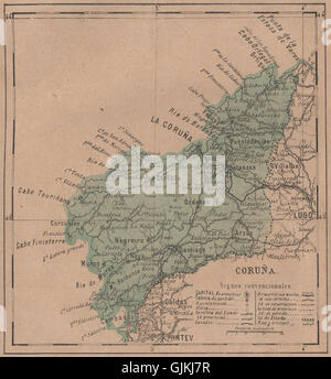 LA CORUÑA. A Coruña, La Coruna. La Galizia. Mapa antiguo de la provincia, 1908 Foto Stock