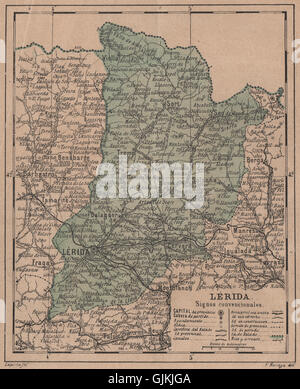 LÉRIDA. Lleida Lerida. Cataluña Catalunya. Mapa antiguo de la provincia 1908 Foto Stock