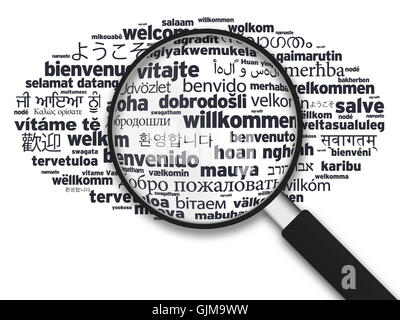 Lente di ingrandimento - Benvenuto in diverse lingue Foto Stock