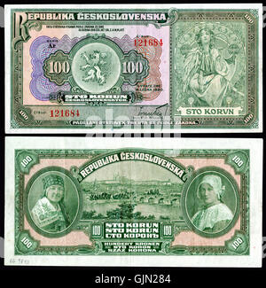 Una banconota della Cecoslovacchia, con la denominazione del 100 Korun, emessa nel 1920, raffigurante i simboli nazionali del paese. Foto Stock