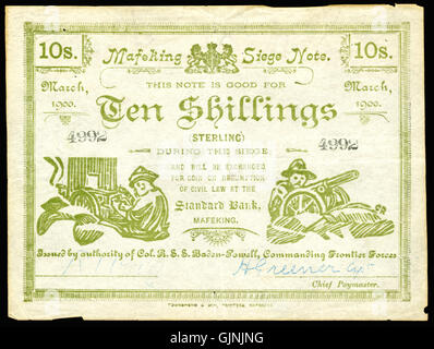 Una banconota da 10 scellini dell'era della guerra boera, emessa a Mafeking, in Sudafrica, nel 1900, che rifletteva la valuta utilizzata durante il conflitto. Foto Stock