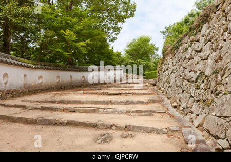 In terracotta pareti bianche (HEI) e le mura in pietra (ishigaki) di Bitchu il Castello di Matsuyama e (XVII secolo), Takahashi, Giappone Foto Stock