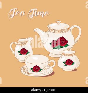 Tea time e set per il tè in stile vintage. Tradizionale tè inglese con motivi floreali stoviglie di rose. Vettore Illustrazione Vettoriale