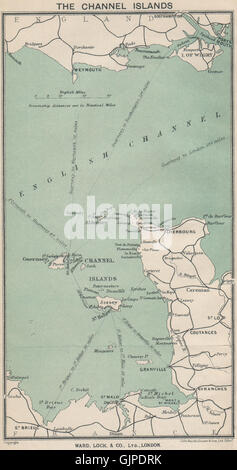 Rotte di traghetti per le Isole del Canale. Jersey Guernsey. WARD LOCK, 1921 mappa vecchia Foto Stock