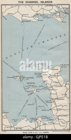 Rotte di traghetti per le Isole del Canale. Jersey Guernsey. WARD LOCK, 1930 mappa vecchia Foto Stock