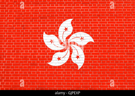 Bandiera di Hong Kong sul muro di mattoni texture dello sfondo. La Hong Kong Regione amministrativa speciale della Repubblica popolare di C Foto Stock