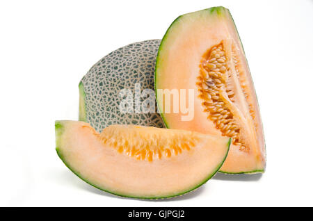 Cucumis melo o melone con semi e semi sul bianco (Altri nomi sono cantelope, cantaloup, melata, Crenshaw, casaba, persiano m Foto Stock