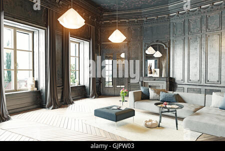 Stile moderno black soggiorno appartamento. Il rendering 3D Foto Stock