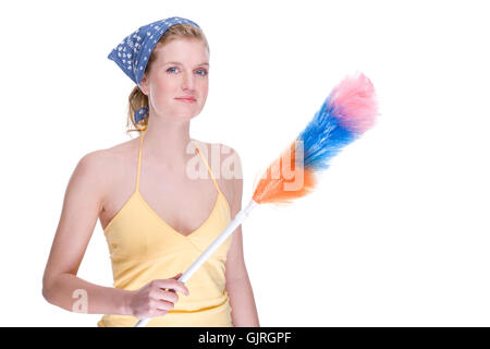 Donna casalinga fazzoletto di polvere pulire un piumino donna blu casalinga  di servizio Foto stock - Alamy