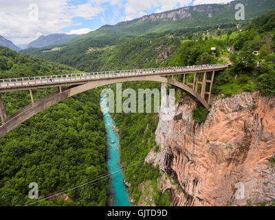 Durdevica bridge è ponte di arco concreto oltre il Fiume Tara nel nord del Montenegro. Parte superiore laterale vista dal flying drone Foto Stock