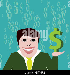 Un ricco imprenditore con un grande dollaro sorridente al suo successo nella conquista di ricchezza. Foto Stock