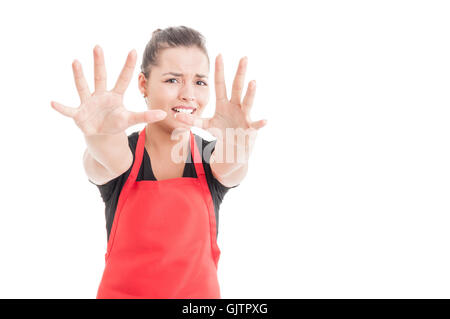 Mercato giovane venditore cercando sottolineato e chiedendo aiuto su sfondo bianco con area di testo Foto Stock