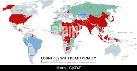 Pena di morte paesi mappa del mondo. Retentionist membri con la pena capitale in colore rosso. Foto Stock