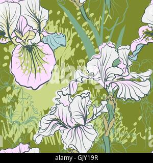 Modello senza cuciture con iris decorativo fiore in colori retrò. Illustrazione Vettoriale