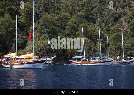 Gite in barca per i turisti intorno alle baie di Fethiye Foto Stock