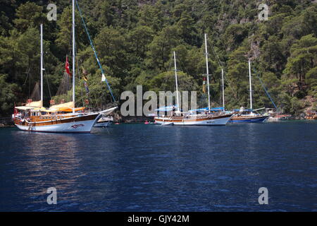 Gite in barca per i turisti intorno alle baie di Fethiye Foto Stock