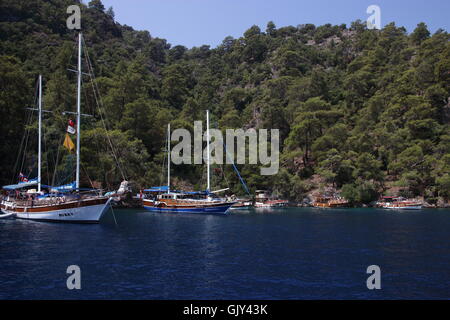 Gite in barca per i turisti intorno alle baie di Fethiye Foto Stock