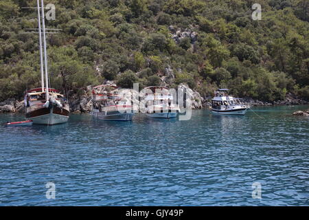 Gite in barca per i turisti intorno alle baie di Fethiye Foto Stock