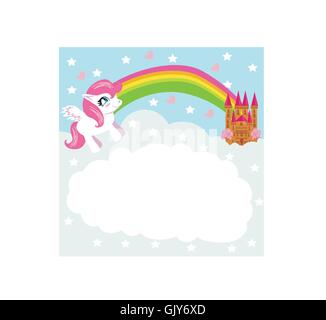 Carta con un simpatico unicorn arcobaleno e fiabesco Castello principessa Illustrazione Vettoriale