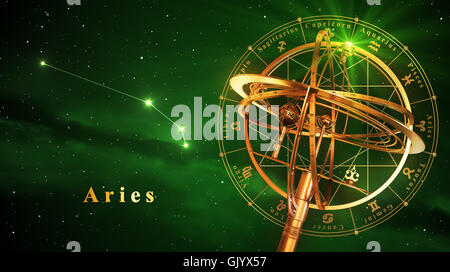 Sfera armillare e la costellazione di Aries su sfondo verde. 3D'illustrazione. Foto Stock