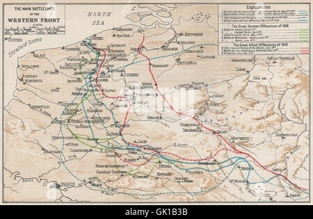 Belgio: Principali linee di battaglia del fronte occidentale. La prima guerra mondiale. WW1, 1930 Mappa Foto Stock