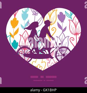 Vettore tulip colorati fiori giovane su biciclette tandem cuore silhouette modello di frame greeting card modello Illustrazione Vettoriale