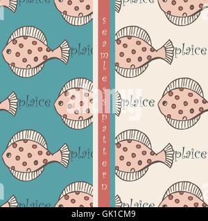 Set di seamless pattern con pesce o la passera di mare Passera di mare Illustrazione Vettoriale