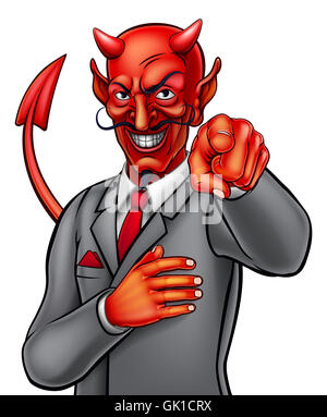 Cartoon diavolo Satana imprenditore nel soddisfare puntando il dito in un vuole gesto Foto Stock