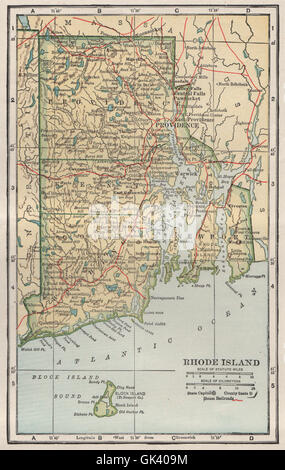 La Rhode Island mappa di stato mostra ferrovie. POATES, 1925 Foto Stock