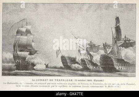 La battaglia di Trafalgar, combattuta il 21 ottobre 1805, tra la Royal Navy britannica e le flotte combinate di Francia e Spagna, fu uno scontro navale fondamentale nelle guerre napoleoniche. Questo episodio mette in evidenza i momenti chiave della battaglia. Foto Stock