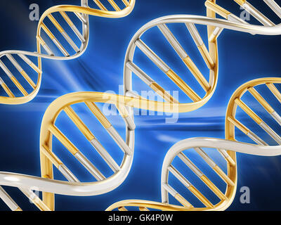 Oro e argento elica di DNA sulla superficie blu. 3D'illustrazione. Foto Stock