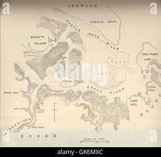 Questa mappa storica illustra le distese di vongole situate alle foci dei fiumi Essex e Castle Neck nel Massachusetts. La mappa fornisce informazioni dettagliate sulla distribuzione delle vongole nella zona, una caratteristica importante per le industrie locali della molluschicoltura. Foto Stock