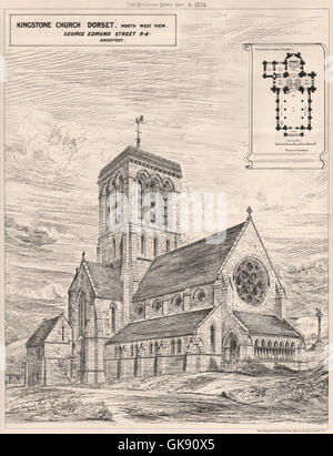 Kingstone Chiesa, Dorset, NW vista; George Edmund Street architetto, stampa 1874 Foto Stock