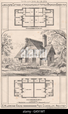 Operai Cottages, Harongate & Hatfield Broad Oak, Essex, antica stampa 1874 Foto Stock