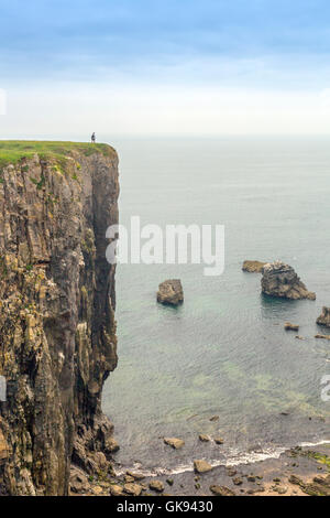Due escursionisti vicino al bordo della scogliera verticale vicino Elegug pile in Il Pembrokeshire Coast National Park, Wales, Regno Unito Foto Stock
