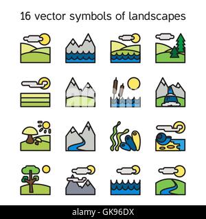 Paesaggio raccolta di icone. Natura e simboli paysages nella forma di rettangolo. Vettore Illustrazione Vettoriale