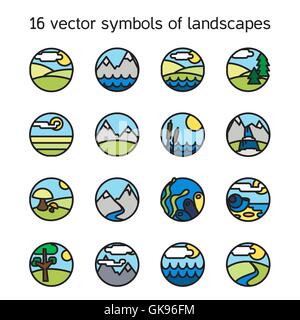 Paesaggio raccolta di icone. Natura e simboli paysages in forma rotonda. Vettore Illustrazione Vettoriale