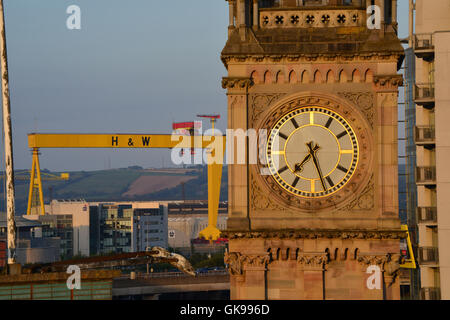 L'Albert Memorial Clock a Queens Square, Belfast con Harland e la gru Wolff Foto Stock